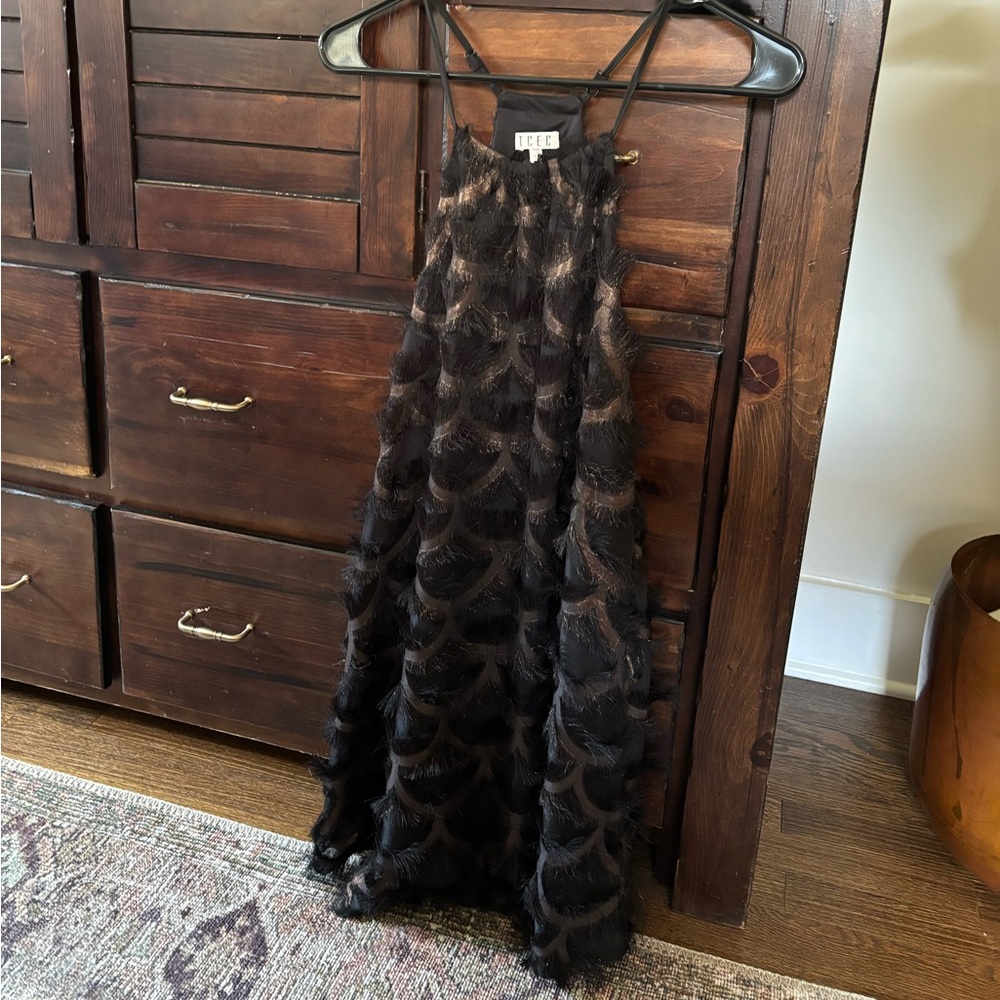 Textured Black Fringe Mini Dress